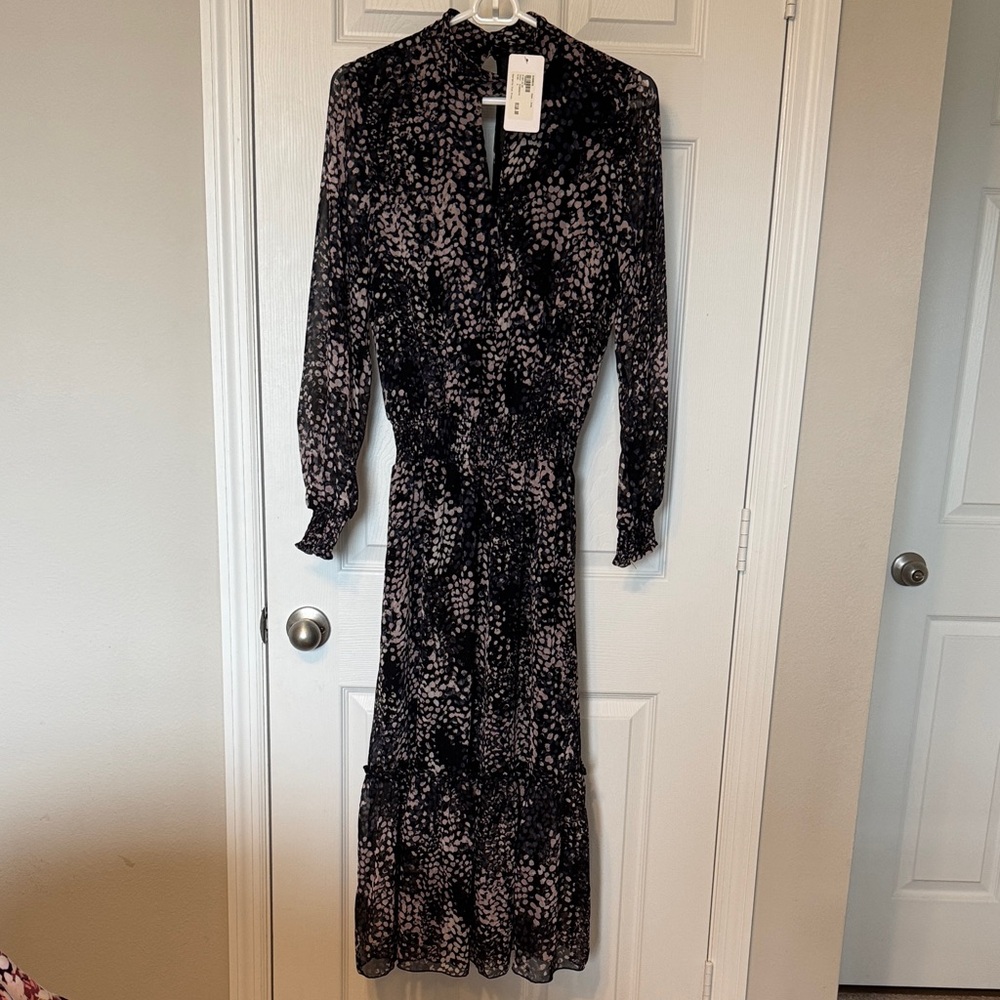 Black and Mauve Spot-Print Midi Dress - Long Sleeve